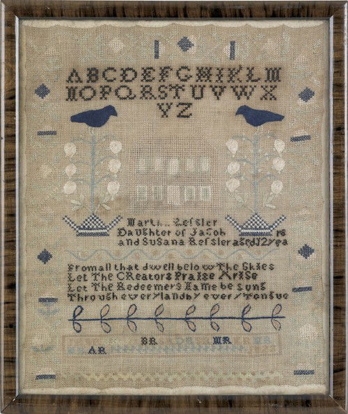 Lancaster, Pennsylvania silk on linen needlework: Lancaster, Pennsylvania silk on linen needlework sampler, wrought by Martha Ressler, 1823, with a central schoolhouse flanked by floral trees with birds, 14'' x 11 1/2''.