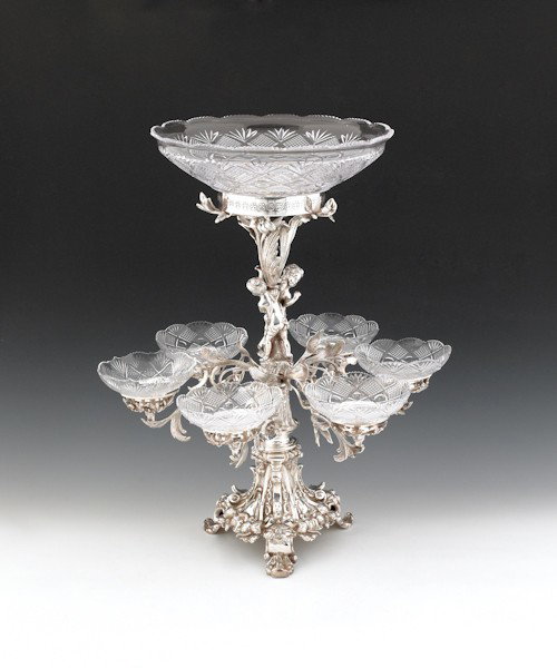 Massive silver plated epergne, late 19th/early 20: Massive silver plated epergne, late 19th/early 20th c., 25 1/4'' h.