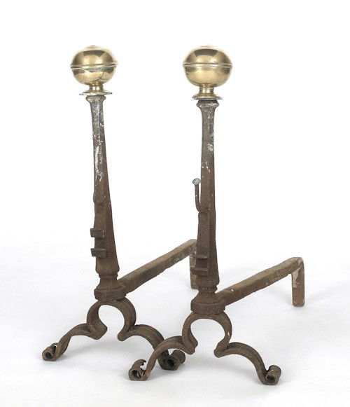 Pair of Continental brass and wrought iron andir: Pair of Continental brass and wrought iron andirons, ca. 1700, 25 1/2'' h.