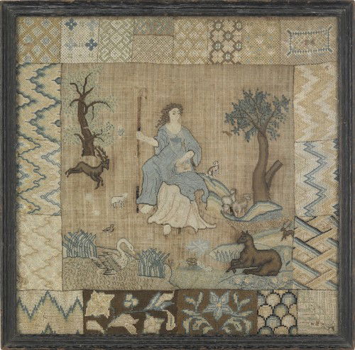 Silk on linen pictorial darning sampler, late 18: Silk on linen pictorial darning sampler, late 18th c., 14 1/2'' x 14 1/2''.