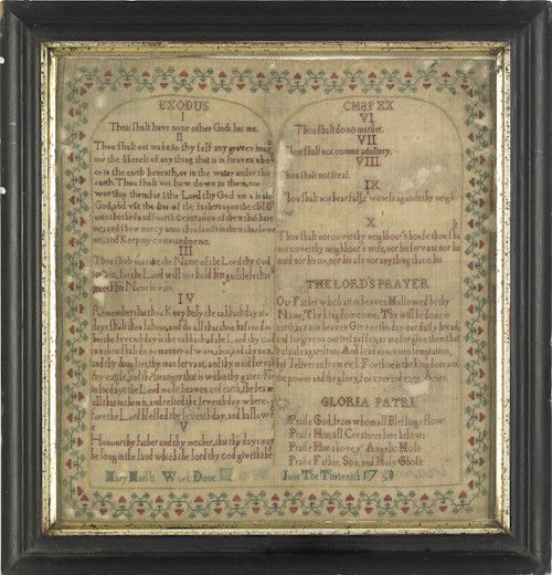 Silk on linen Ten Commandments sampler, dated: Silk on linen Ten Commandments sampler, dated 1750, wrought by Mary Marsh, inscribed verso Mary Marsh married Otsniel Tomlinson High Sheriff, Glouster Co. N.J., 13 1/2'' x 13''.