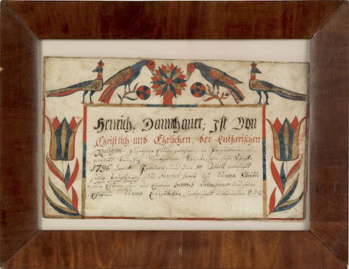 Montgomery County, Pennsylvania watercolor and i: Montgomery County, Pennsylvania watercolor and ink on paper fraktur birth certificate for Henrich Dannihauer, dated 1796, with center script flanked by red, yellow, and blue tulips and birds, 13'' x 8