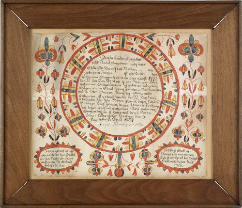 Martin Brechall (Southeastern Pennsylvania, acti: Martin Brechall (Southeastern Pennsylvania, active 1783-1830), Northampton County, Upper Saucon Township watercolor and ink on paper fraktur for Daniel Jungin 1792, with central circle enclosing scrip