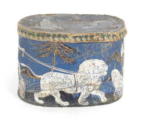 Wallpaper hat box, 19th c., decorated with a ma: Wallpaper hat box, 19th c., decorated with a man in a chariot pulled by a lion, 12'' h., 17 3/4'' w.