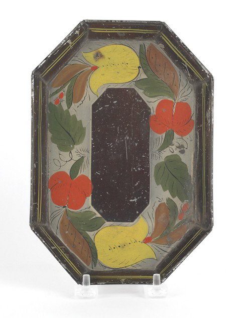 Small tole tray, 19th c., with vibrant floral d: Small tole tray, 19th c., with vibrant floral decoration, 5 7/8'' x 8 5/8''.
