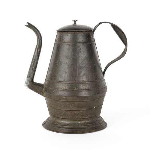 Pennsylvania punched tin coffee pot, dated 1850: Pennsylvania punched tin coffee pot, dated 1850, manufactured by D. Gilbert, Pottstown, 10 3/4'' h. Provenance: Harry Hartman.