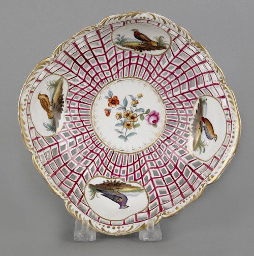 KPM reticulated porcelain bowl, 19th c., with h: KPM reticulated porcelain bowl, 19th c., with hand painted floral and bird decoration, 2 1/2'' h., 7'' dia.