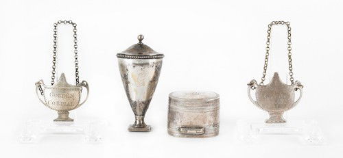 Two silver nutmeg graters, ca. 1800, together w: Two silver nutmeg graters, ca. 1800, together with a pair of bright cut liquor tags, 3.6 ozt.