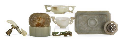 Collection of Chinese carved jade, to include a: Collection of Chinese carved jade, to include a small box, two two-handled cups, two buckles, medallion, and a tray.