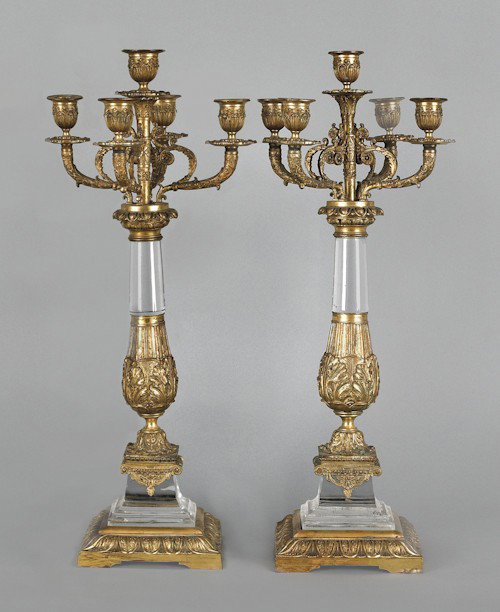 Pair of French Louis XVI ormolu and rock crystal: Pair of French Louis XVI ormolu and rock crystal candelabra, late 19th c., 21 3/4'' h.