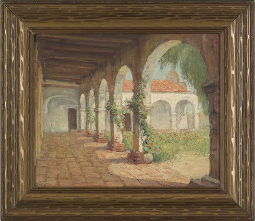Frederick Carl Smith (American, 1868-1955), oil: Frederick Carl Smith (American, 1868-1955), oil on board courtyard in San Juan Capistano, signed lower left, 14'' x 17''.