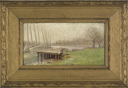 William Henry Lippincott (American, 1849-1920),: William Henry Lippincott (American, 1849-1920), oil on board titled Tom's River, New Jersey, signed lower right, 5'' x 9 1/2''.