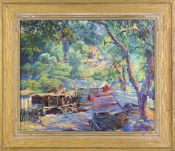 John Pierce Barnes (American, 1893-1954), oil o: John Pierce Barnes (American, 1893-1954), oil on canvas landscape with a house and river, signed lower right, 20'' x 24''. Exhibited at Woodmere Art Museum, June 28-August 30, 2009; The Art of John Pi