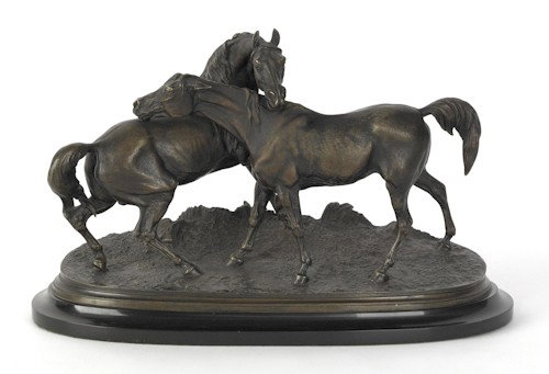 Pierre Jules Mene (French, 1810-1879), bronze o: Pierre Jules Mene (French, 1810-1879), bronze of two horses, 8'' h., 13'' w.