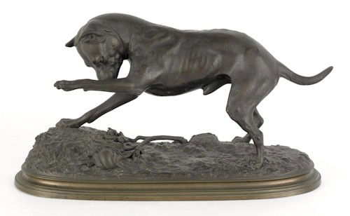 Frederic Steenackers, late 19th c., bronze terr: Frederic Steenackers, late 19th c., bronze terrier and snail, 12'' h., 20 1/2'' w.