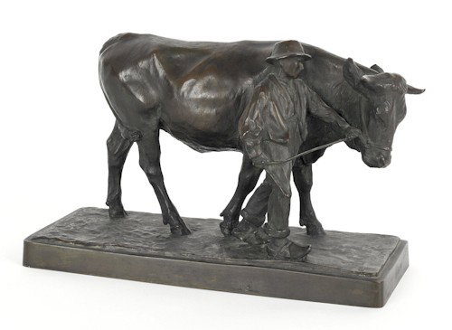 Wilhelm Zugel (German, 1876-1950), bronze of a: Wilhelm Zugel (German, 1876-1950), bronze of a bull and young man, 8'' h., 12 1/4'' w.