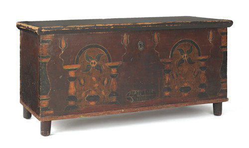Berks County, Pennsylvania painted dower chest,: Berks County, Pennsylvania painted dower chest, late 18th c., inscribed Matlena Dordner, the lid and case decorated with columnar panels with tulips and pinwheels, 24 1/2'' h., 47 1/2'' w.