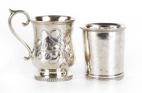 Philadelphia coin silver beaker, ca. 1825, bear: Philadelphia coin silver beaker, ca. 1825, bearing the touch of Curry & Preston, 3 1/4'' h., together with a New York repoussé mug by John L. Westervelt, inscribed Charles Henry Bowen, August 3, 1856