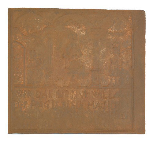 Cast iron The Wedding stove plate, ca. 1750,: Cast iron The Wedding stove plate, ca. 1750, 26 1/2'' h., 29 1/2'' w. For a similar example, see Mercer The Bible in Iron, pg. 43, fig. 74.