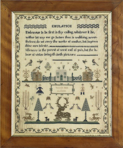 English silk on linen sampler, dated 1848, wr: English silk on linen sampler, dated 1848, wrought by Rosanah Moth, 16'' x 12 1/2''.