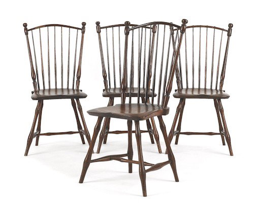 Set of four New England rodback Windsor dining c: Set of four New England rodback Windsor dining chairs, ca. 1810, the baluster turned stiles with unusual ball finials. Provenance: Wayne Pratt.