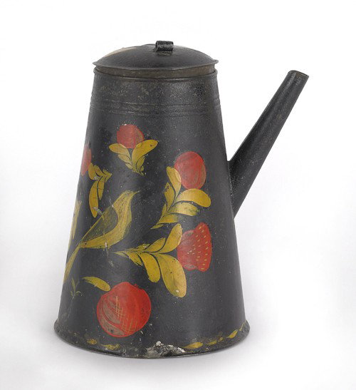 Pennsylvania tole coffee pot, 19th c., with bir: Pennsylvania tole coffee pot, 19th c., with bird and fruit decoration, 9'' h.