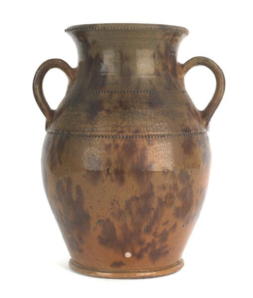 Jacob Medinger (Montgomery County, Pennsylvania,: Jacob Medinger (Montgomery County, Pennsylvania, 1856-1932), redware two-handled vase, 11 1/4'' h.