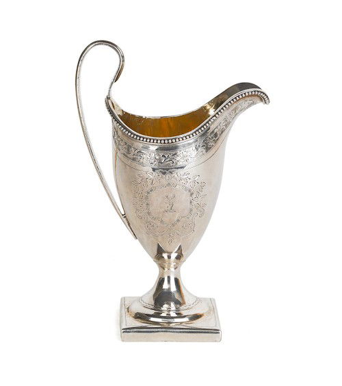 English silver creamer, 1791-1792, bearing the: English silver creamer, 1791-1792, bearing the touch of Peter & Ann Bateman, 5 1/2'' h., together with sugar tongs by Hester Bateman, 5 1/4'' l., 4.2 ozt.