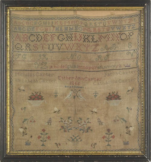 Silk on linen sampler, dated 1816, wrought by: Silk on linen sampler, dated 1816, wrought by Esther Ann Carter, 20 1/2'' x 21 1/2''.