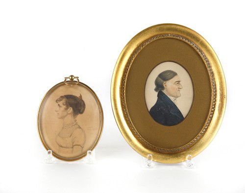 John Wesley Jarvis (American, 1780-1840), minia: John Wesley Jarvis (American, 1780-1840), miniature watercolor and pencil portrait of Elizabeth Perkins Bishop, signed and dated lower right 1809, 3 3/4'' x 3'', together with a miniature watercolor p