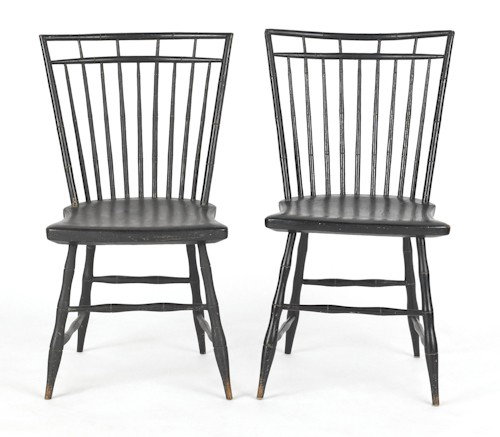 Pair of Pennsylvania birdcage windsor side chair: Pair of Pennsylvania birdcage windsor side chairs, retaining a black painted surface and gold pinstriping.