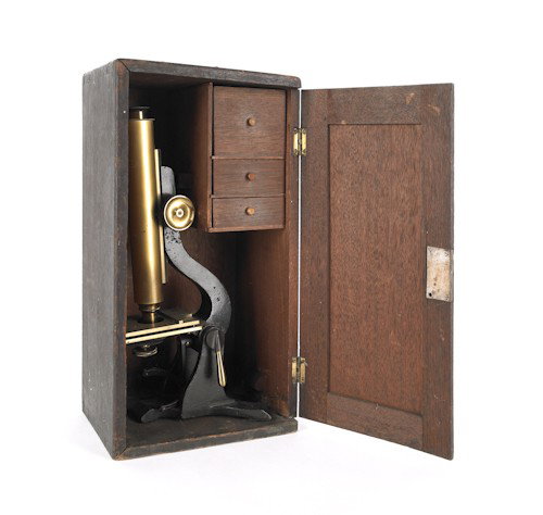Early brass microscope with mahogany case, case -: Early brass microscope with mahogany case, case - 16 1/2'' h., 9'' w.