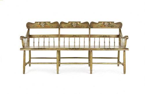 Pennsylvania half spindle-back settee, 19th c., w: Pennsylvania half spindle-back settee, 19th c., with later decorated surface.