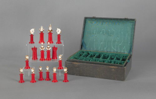 Carved ivory chess set with case.: Carved ivory chess set with case.