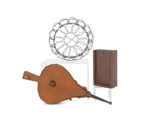 Tiger maple bellows, together with a walnut slide: Tiger maple bellows, together with a walnut slide lid box and a wire wicker basket.