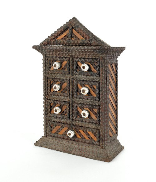Tramp art spice chest, ca. 1900, 12'' h., 7'' w.: Tramp art spice chest, ca. 1900, 12'' h., 7'' w.