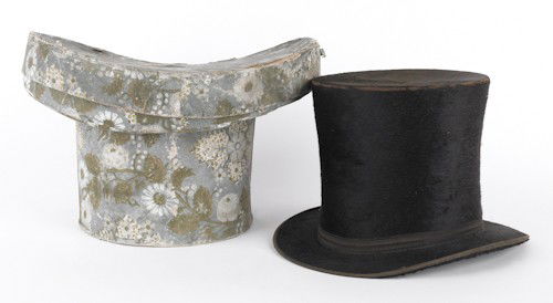 Wallpaper hat box, mid 19th c., with top hat, 9'': Wallpaper hat box, mid 19th c., with top hat, 9'' h., 14'' w.