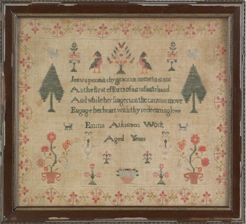 Wool on linen sampler, 19th c., 15 3/4'' x 17 1/2': Wool on linen sampler, 19th c., 15 3/4'' x 17 1/2''.