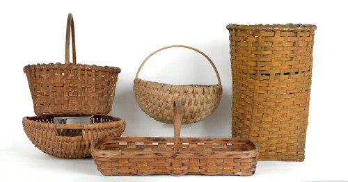 Five splint oak baskets.