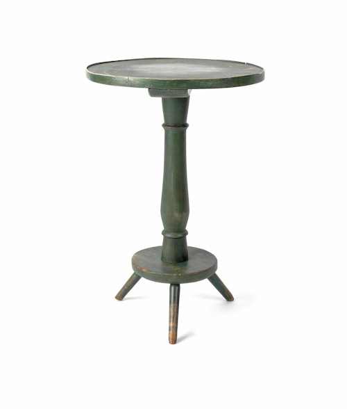 Painted pine candlestand, 19th c., 26'' h., 17'' w: Painted pine candlestand, 19th c., 26'' h., 17'' w., together with a tray top stand, 20'' h., 26 1/2'' w.