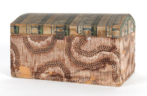 Wallpaper covered dome top box, 19th c., 6 1/2'' h: Wallpaper covered dome top box, 19th c., 6 1/2'' h., 11'' w.