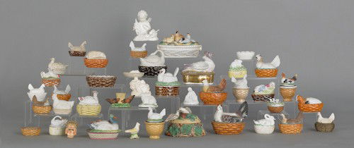 Large group of miniature hen on nest candy contai: Large group of miniature hen on nest candy containers, tallest - 4'' h.