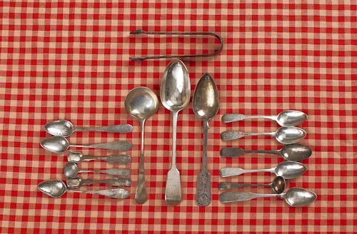 Group of early coin and Georgian silver, to inclu: Group of early coin and Georgian silver, to include two A.E. Warner salt spoons, 12.5 ozt.