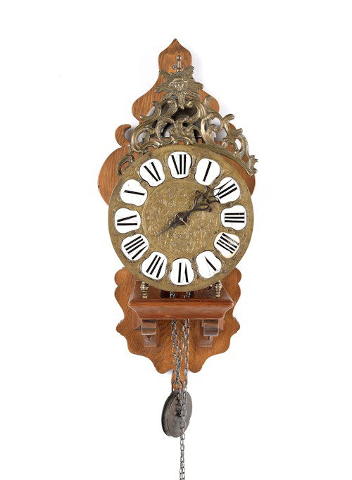 Lantern clock, together with a pine wall shelf, 2: Lantern clock, together with a pine wall shelf, 20th c., 13'' h.