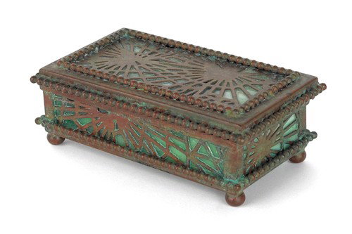 Tiffany Studios bronze and slag glass stamp box,: Tiffany Studios bronze and slag glass stamp box, 1 1/4'' h., 4'' w.