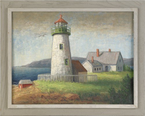 Oil on board harbor scene of a lighthouse, signed: Oil on board harbor scene of a lighthouse, signed Emily R. Poucher, 18 1/2'' x 24 1/2'', together with an oil on board seascape, signed Hayes, 11 1/2'' x 15 1/2''.
