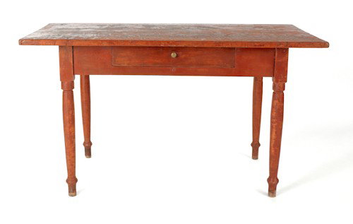 Pennsylvania painted pine work table, 19th c., wi: Pennsylvania painted pine work table, 19th c., with center drawer, 27'' h., 46 1/2'' w., 25'' d.