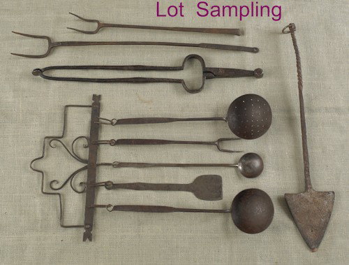 Fourteen wrought iron butcher's tools, 19th c., t: Fourteen wrought iron butcher's tools, 19th c., together with two fireplace tongs and a wall hanger.