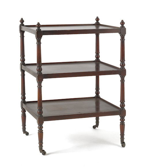 Regency style mahogany étagère, early 20th c., 28: Regency style mahogany étagère, early 20th c., 28'' h., 19 1/2'' w., together with a corner chair.