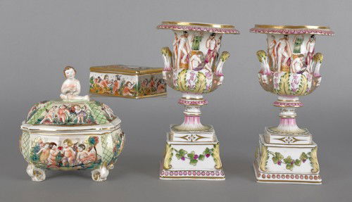 Pair of capo-di-monte urns, 10 1/2'' h., together: Pair of capo-di-monte urns, 10 1/2'' h., together with two dresser boxes.